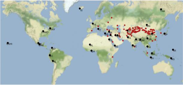 Location of nodes on Silk Road routes used in quantifying centrality (red) along with NGA locations (black). NGA (Natural Geographic Area) is a fixed spatial location of roughly 100 x 100 km delimited by naturally occurring geographical features. All polities that occupied the NGA, or part thereof, at a century mark (200 AD for example), are included in our sample. This strategy avoids oversampling while still capturing meaningful changes in the variables of interest. Although this granularity is relatively coarse, it is suitable for uncovering macro-level patterns in societal dynamics and exploring pathways of cultural evolution. (PLOS ONE)