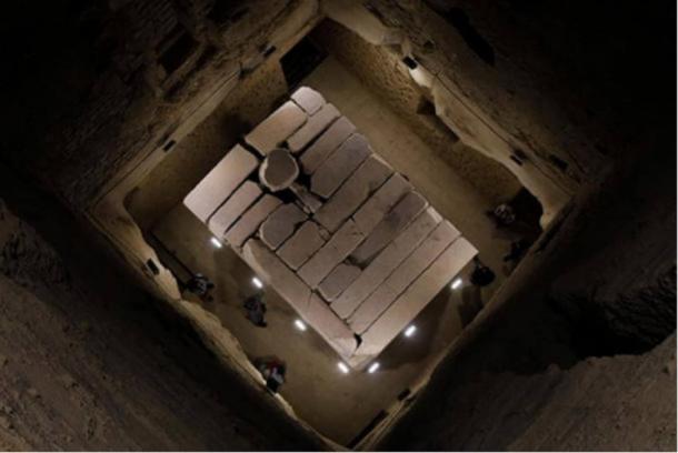 Looking down at the burial chamber and sarcophagus inside the Djoser pyramid.