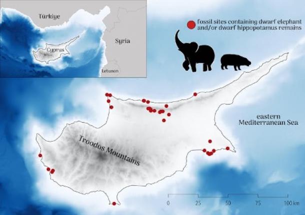 Map of Cyprus showing the approximate position of fossil sites where dwarf elephants and hippos have been retrieved. 