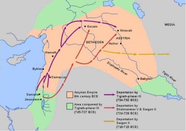 Map showing Tiglath's conquests (green) and deportation of Israelites. Tiglath-Pileser III discouraged revolts against Assyrian rule with the use of forced deportations of thousands of people all over the empire. 