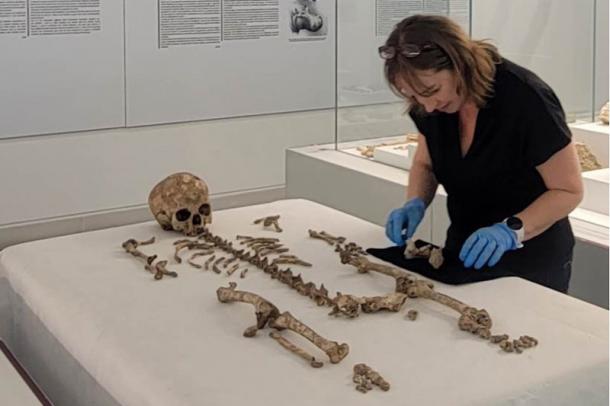 Dr. Mary Lewis from the University of Reading (UK) inspects the skeletal remains of Romito 2 found in southern Italy.