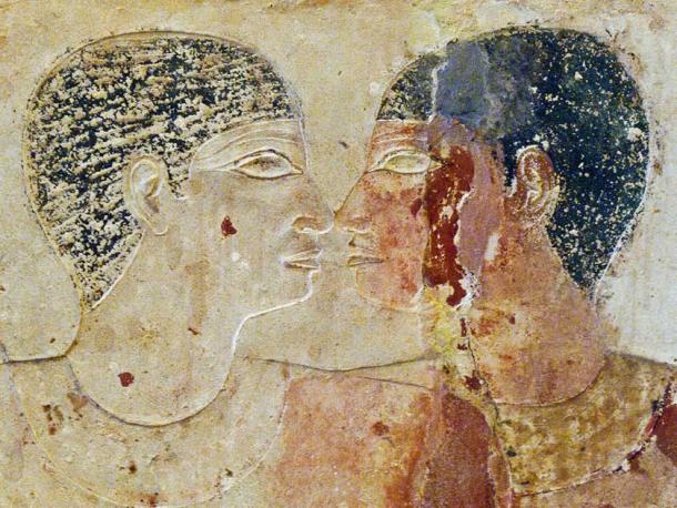 Mastaba joint tomb depicting Niankhkhnum and Khnumhotep embracing one another. The two men are speculated to be lovers, although some Egyptologists argue that they may have been brothers or twins. (Kairoinfo4u / CC BY-NC-SA 2.0)