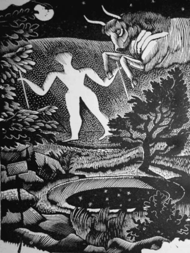 May, woodcut of the Long Man of Wilmington by Eric Ravilious, 1925. (Public Domain)