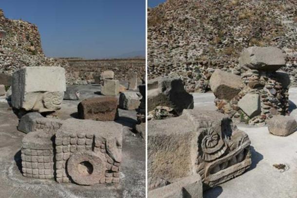 Megalithic stone blocks scattered in the vicinity of the pyramid of the Feathered Serpents at Teotihuacan. 