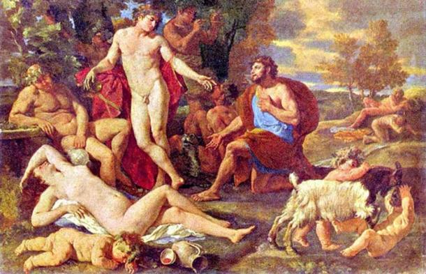 Midas and Dionysus by Poussin (1594-1665), showing the end of the myth in which Midas thanks Dionysus for freeing him of the gift/curse previously granted. Nymphenburg Palace. Munich, Germany.