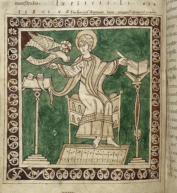 Miniature of Gregory the Great writing, from a 12th-century copy of his Dialogues (British Library/CC0)