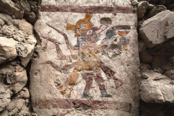 Moche figure with human body and spider features carrying a goblet, painted on a pillar within the Hall of the Moche Imaginary. (Photograph by Lisa Trever/ Pañamarca Digital and Denver Museum of Nature & Science)