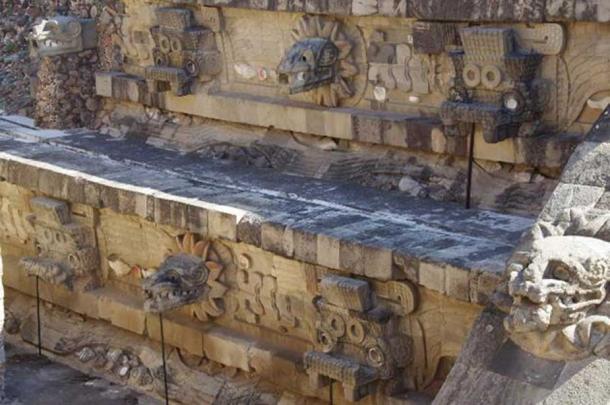 Monumental sculptured façade on the Western side of the pyramid of the Feathered Serpents.