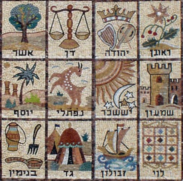 Mosaic of the 12 Tribes of Israel. From Givat Mordechai Etz Yosef synagogue facade, Ha Rav Gold street, in Jerusalem. The tribe of Dan is represented in the top right