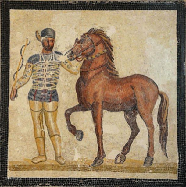 Mosaic depicting a charioteer and a horse from the Veneta factio (Blue) from 3rd century AD in Palazzo Massimo all Terme, Rome. (Carole Raddato / CC BY-SA 2.0)