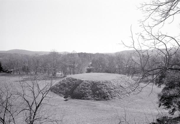 This is Mound A or the Great Temple Mound at Etowah Mounds near Cartersville Georgia. It was built around 1250 AD. Many of these mound centers dotted the eastern landscape before Europeans arrive