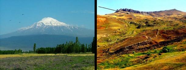 Arriba a la izquierda, vemos el monte Ararat en la Turquía actual y nos damos una idea de lo poco práctico que habría sido intentar aterrizar el arca de Noé en él.  Arriba a la derecha, vemos la montaña a diecisiete millas al sur del monte Ararat donde el arca se detuvo por primera vez (flecha), y la impresión que dejó cuando se deslizó por la montaña unos 100 años después.  En la cima de la montaña, vemos los acantilados escarpados a los que la "Épica de Gilgamesh" se refiere como el "muro del cielo" (Imagen: David Allen Deal, proporcionado por el autor)