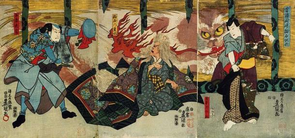 A Nekomata tormenting humans and starting a fire. (1847) Utagawa Kunisada