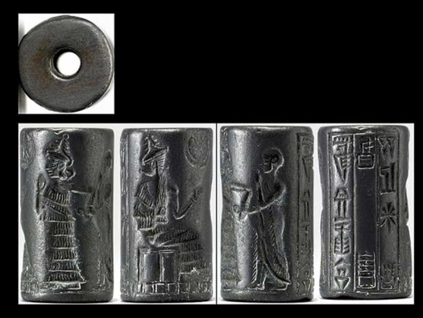 A Neo-Sumerian (circa. 2150 -2000 BC) hematite cylinder seal depicting the presentation of a worshiper to a seated deity. An interceding goddess in a tiered dress leads the worshiper, who holds one hand before his face in a pious gesture. The three-line inscription records the seal owner's name and occupation: "Lugal-dugedu, the scribe, son of Ur-dingira." 