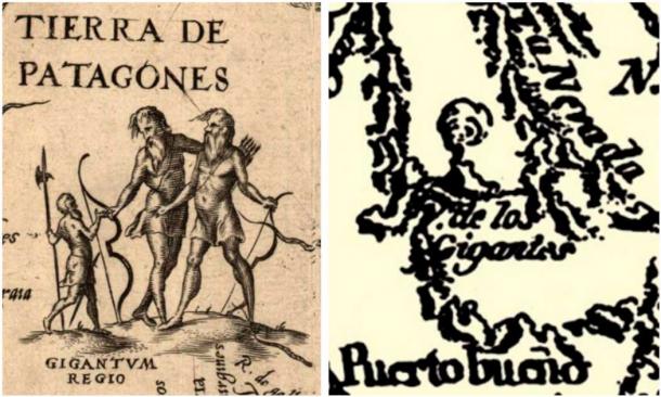 Left: A detail of the map of the New World of Diego Gutiérrez (1562) where the Gigantvm Regio or “Kingdom of the Giants” appears in Patagonia. (Public Domain/Author Provided) Right: Detail of the map of Juan de la Cruz Cano and Olmedilla of 1775 where the Volcán de los Gigantes [V. de los Gigantes] (“Volcano of the Giants”) is recognized in continental Chiloé, in the south of Chile. (Author Provided/Public Domain)