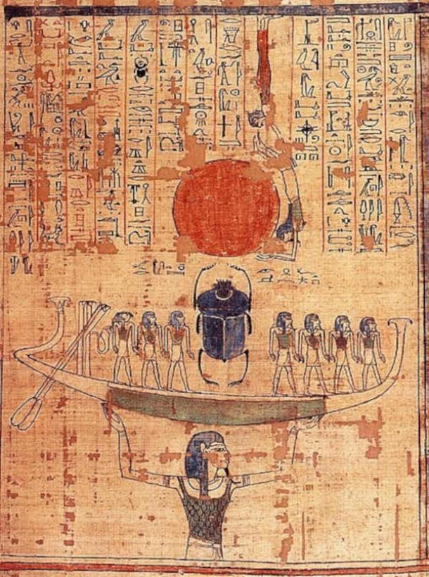 Nun, god of the waters of chaos, lifts the barque of the sun god Ra (represented by both the scarab and the sun disk) into the sky at the beginning of time. (Public Domain)