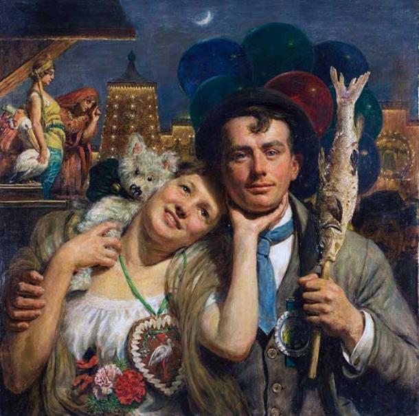 Oktoberfest celebrations as depicted by Alfred Schwarzschild. (Public domain)