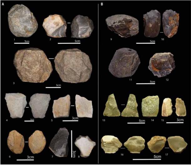 An image from a previous study shows Oldowan artifacts, including unifacial cores on limestone (1 and 9); bifacial core made of limestone (10) and on flint (2); polyhedral cores on limestone (11 and 12); subspherical core on limestone (3); whole flakes on flint (7, 16, and 17) and on limestone (4, 5, 6, 13, and 14); and retouched pieces on flint (8 and 15). (Sahnouni, M. et al.)