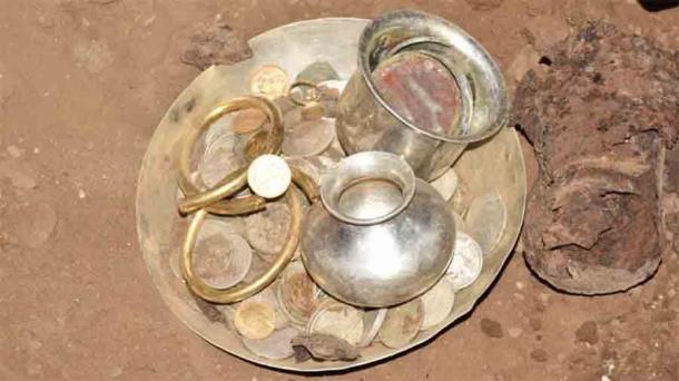 Ornaments, silver vessels and coins found at the Ghanta Matham in Srisailam in 2017. (Deccan Chronicle)