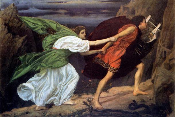 Orphée conduisant Eurydice hors des enfers après avoir joué sa lyre pour Cerbère. Tableau d'Edward Poytner, 1862.