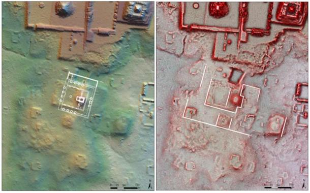 Left: Overlay (at 30 per cent size) of the Teotihuacan Ciudadela in the Tikal precinct, showing the same orientation, flanking platforms, eastern pyramid, western enclosure and north–south corridor of the original Teotihuacan citadel complex at the western entrance to the precinct (figure by T. Garrison/PACUNAM). Right: Alignments in the “Ciudadela” precinct at Tikal, overlayed with the orientation of Teotihuacan (15°28′00). (figure by T. Garrison / PACUNAM / Antiquity Publications Ltd)