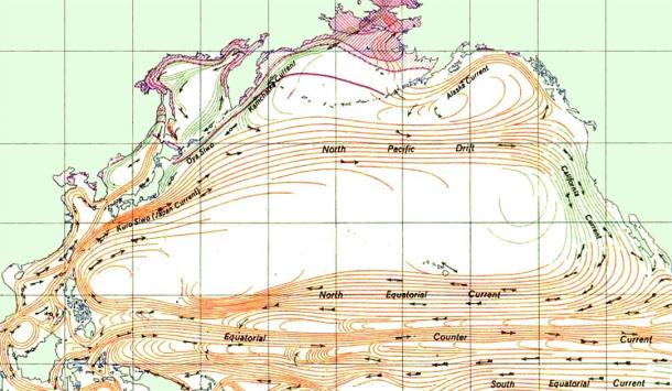 The North Pacific Gyre, a clockwise-swirling vortex of ocean currents comprising most of the northern Pacific Ocean (Public domain)