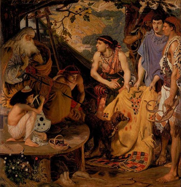 Pictură care descrie o scenă din mitul biblic al lui Iosif și haina multor culori.  (Domeniu public)