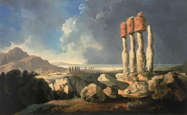 Pintura de William Hodges, alrededor de 1775 a 1776, que muestra una vista de los monumentos de la Isla de Pascua.  (Dominio publico)