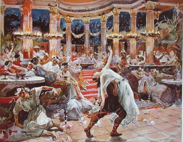 Banquet in Nero’s Palace. Illustration by Ulpiano Checa from Henryk Sienkiewicz’s novel Quo Vadis? around 1910. (Public Domain)