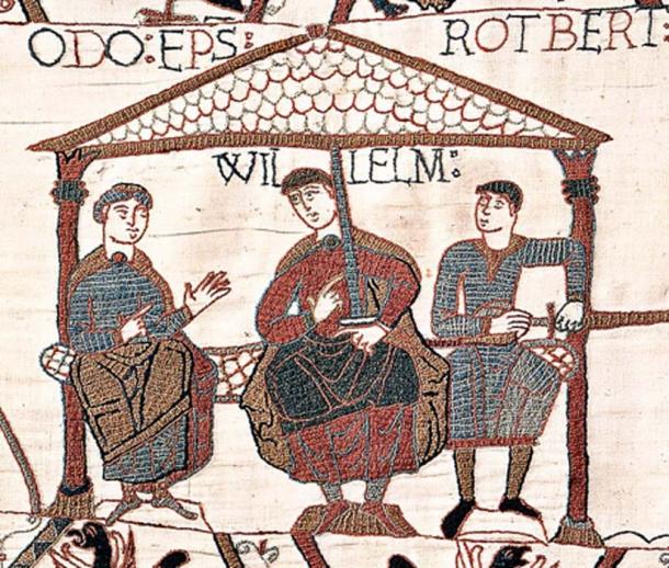 Panel from the Bayeux Tapestry - this one depicts Bishop Odo of Bayeux, Duke William, and Count Robert of Mortain. (Public Domain)