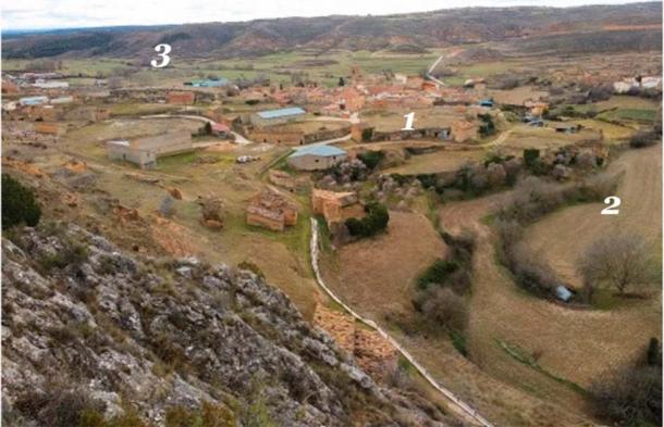 Panoramic view of Deza from the “Rueda del Cañón” (1. Calcareous tuff terraces; 2. “La Huertaza”; 3. “El Cabezuelo”) (Perez, E.S. et al/ Archaeological & Anthropological Sciences)