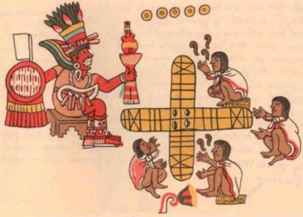 لعبة باتولي يشاهدها الإله ماكويلكسوتشيتل كما هو موضح في الصفحة 048 من Codex Magliabechiano (المجال العام)