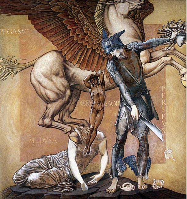 Pegasus iese din corpul Medusei.  „Seria Perseu: Moartea Medusei I” de Edward Burne-Jones