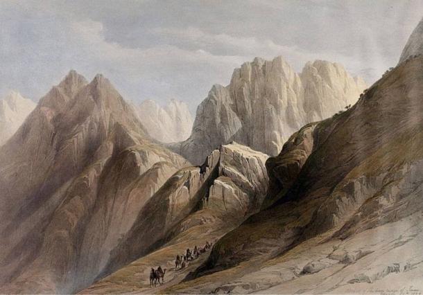 Petrie descubrió una gran cantidad de polvo blanco puro en un templo en la cima del monte Sinaí.  'Ascenso de las cordilleras inferiores del monte Sinaí'.  Litografía coloreada por Louis Haghe según David Roberts, 1849.