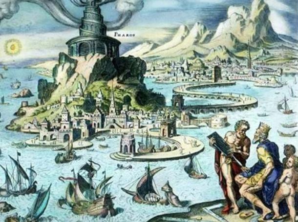 Pharos of Alexandria: Idealized representation of the Bay of Alexandria. 