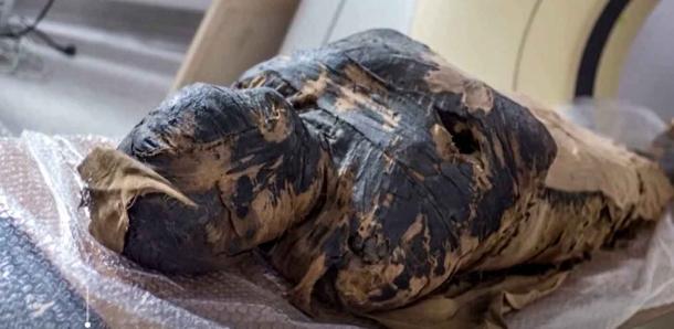 Priest Ankhenkhonsu’s mummy, as it was in the sarcophagus when first discovered, about to enter the CT-scan machine. (video clip image / Reuters)