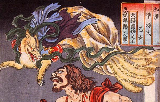 El Príncipe Hanzoku aterrorizado por un Kitsune. Fuente: Petrusbarbygere / Dominio Público.