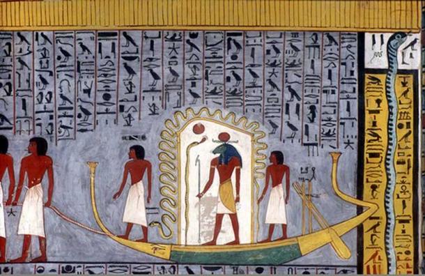 Ra traveling through the underworld in his barque, from the copy of the Book of Gates in the tomb of Ramses I (KV16). (Public Domain)
