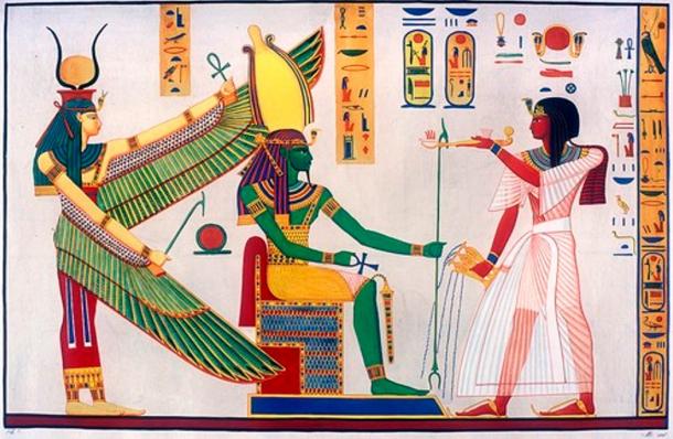 Ramses III censura e libagione davanti a Ptah-Sokar-Osiris, protetto da Iside alata. Scena dalla tomba di Ramses III