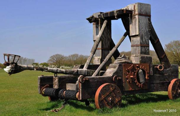 medieval catapult on a modern day tank chassis