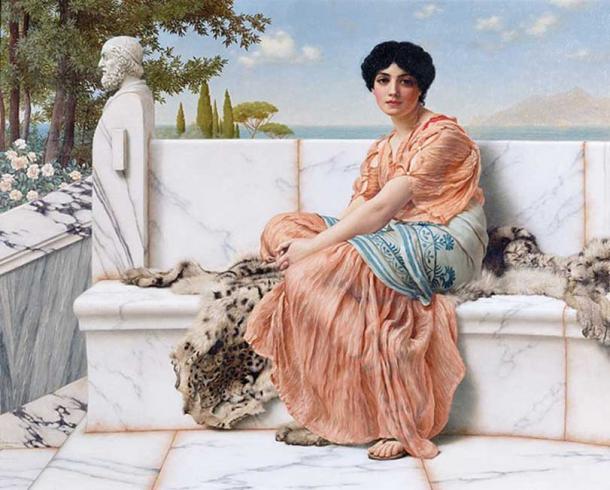 „Reverie” aka „In the Days of Sappho” (1904) de John William Godward.  (Domeniu public)