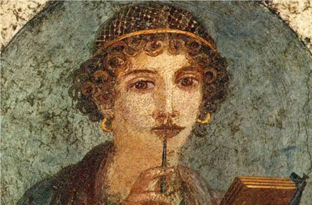 Detail of a Roman fresco, so-called "Sappho", ca. year 50, fourth style fresco; from Pompeii.