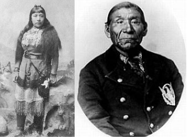 Sarah Winnemucca, scrittrice e docente Paiute, accanto a suo padre e al capo Poito Winnemucca dei Paiute in Nevada. Circa 1882.