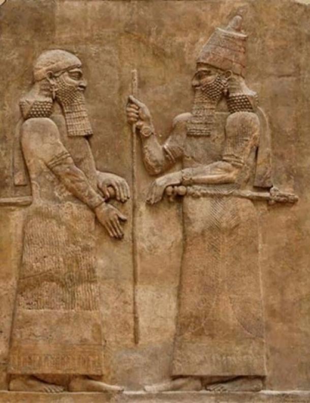 Sargon II [right] and dignitary. Low-relief from the wall of the palace of Sargon II at Dur Sharrukin in Assyria 