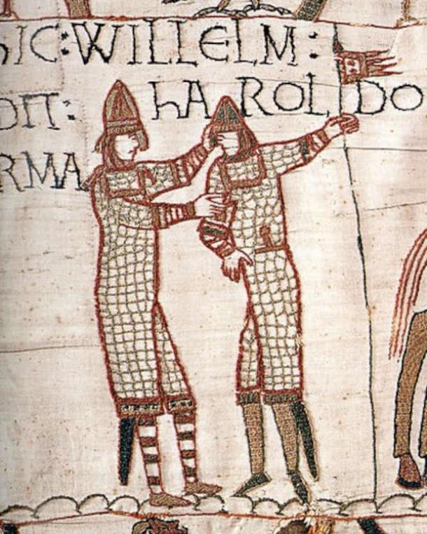 Scene from the Bayeux Tapestry showing the Normans provisioning armor and wine for the invasion of England. (Public Domain)