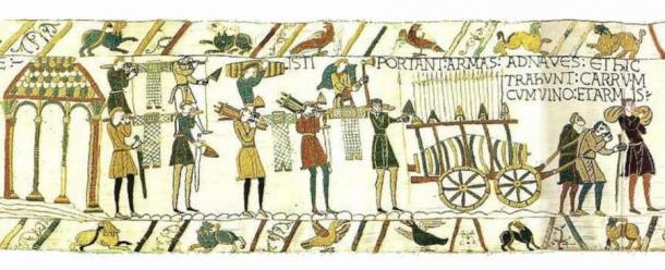 Scene from the Bayeux Tapestry whose text shows William supplying weapons to Harold during Harold's trip to the continent in 1064. (Public Domain)