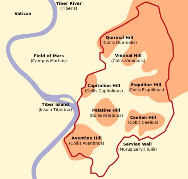 Mapa esquemático de Roma que muestra las Siete Colinas de Roma, incluido el Monte Quirinal.