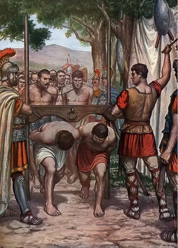 Second Samnite War, Battle of the Caudine Forks in 321 BC, the Roman army of the consuls Tiberius Veturius Calvinus symbolically pass under the yoke after their surrender 