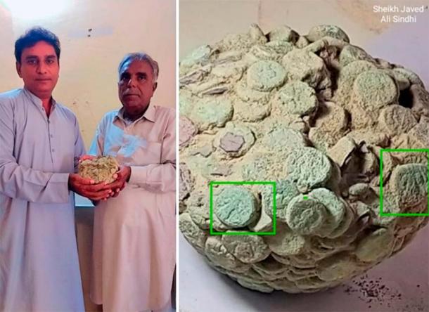 Sheikh Javed Ali Sindhi and another archaeologist with the hoard of coins. Right, close up of the coins.  (Sheikh Javed Ali Sindhi)