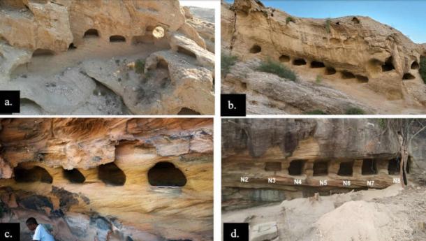 Simila rock cut niches in the hills north of Sirāf, Iran (a-b) and Teniky, Madagascar (c-d). (Schreurs et al. 2024. Images of Siraf niches courtesy of Ali Aghajanzadeh/Azania)